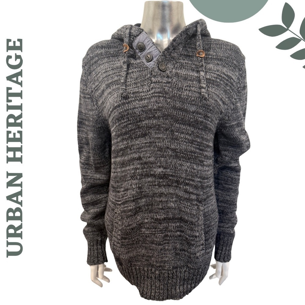 🛍️ Urban Heritage Men’s Hooded Knit Sweater M – Grey Marled Pullover